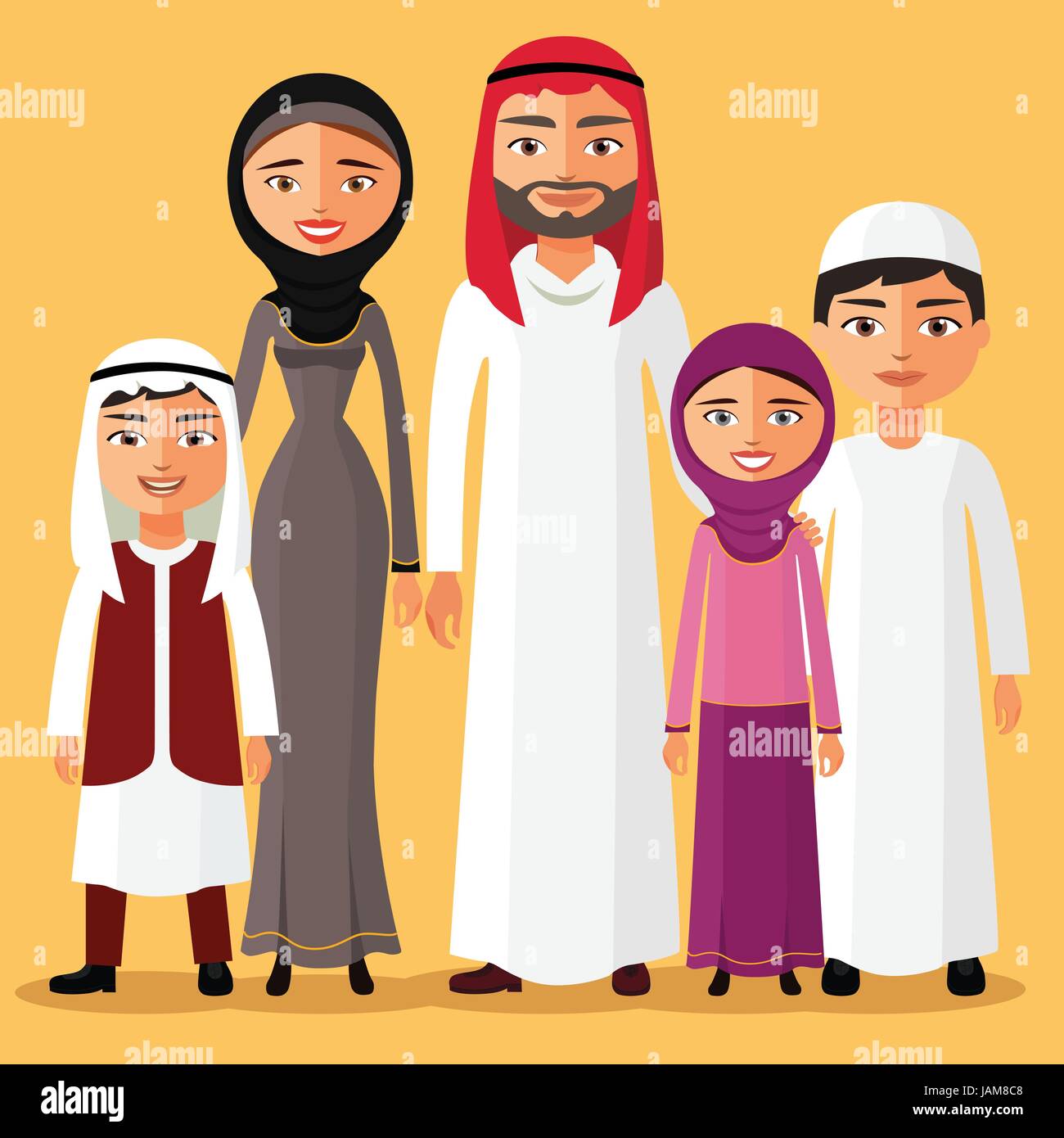 Happy muslim arabic family members isolated on background. Arab cartoon
