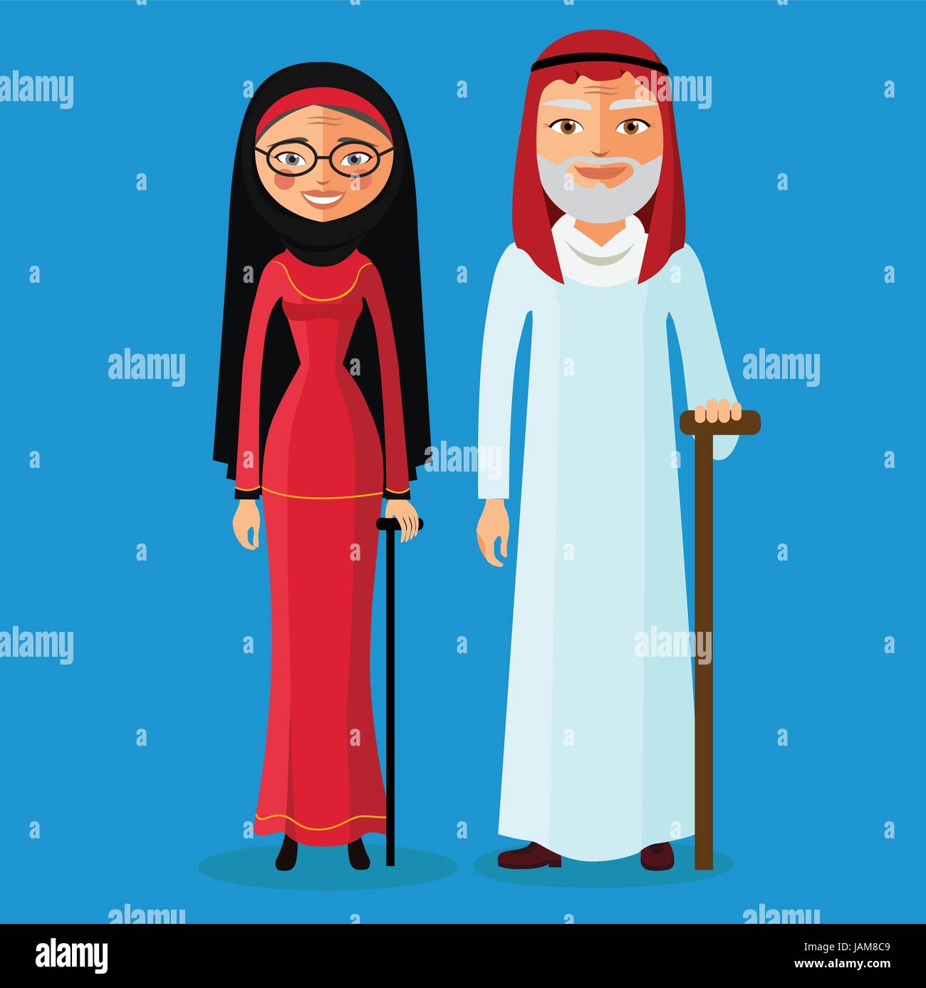 Arab Old Man and arab old woman. Muslim adult man and woman. Arab old people. Stock Vector