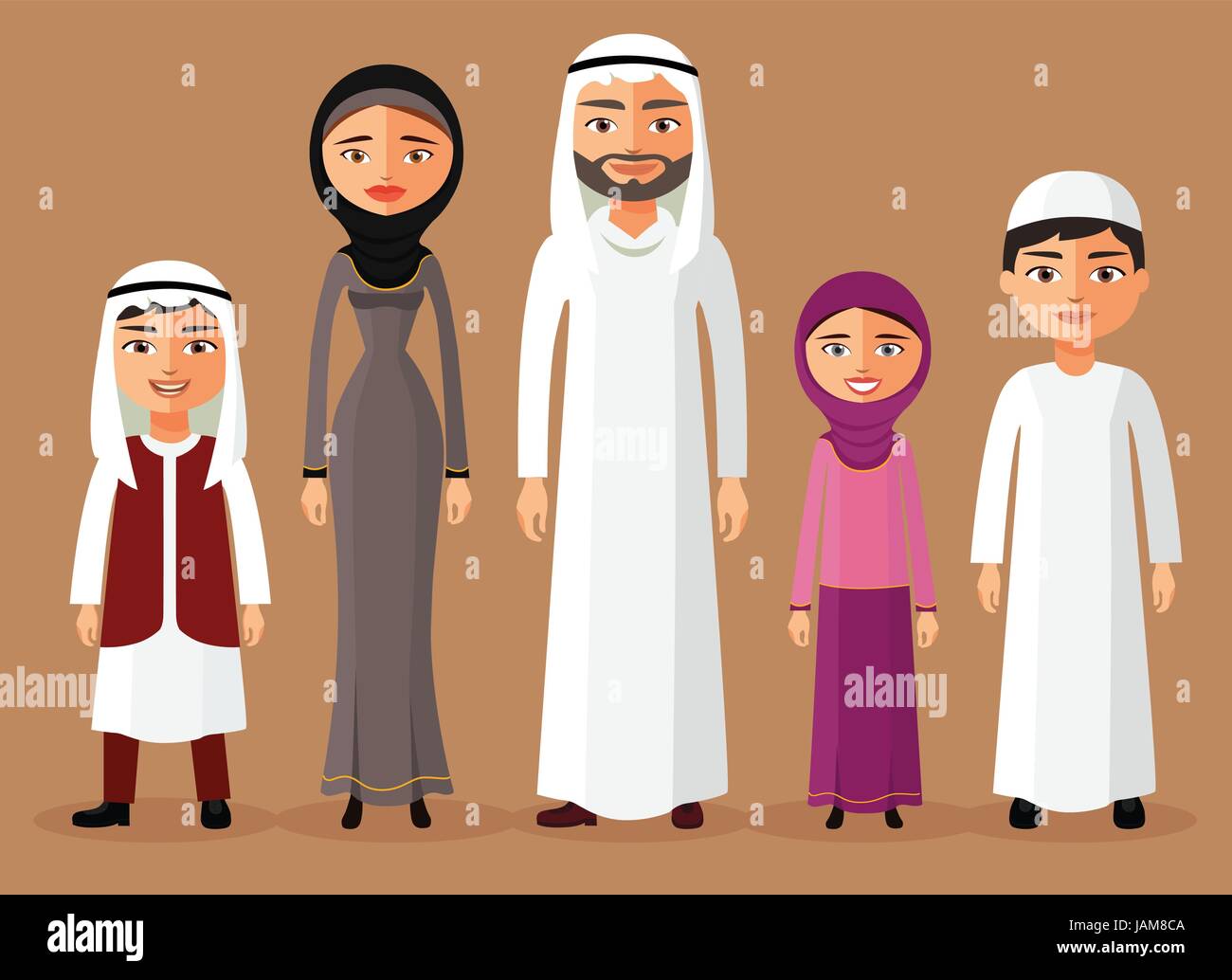 Muslim family standing cartoon vector illustration. Set of arab Father, mother, sons, daughter. Stock Vector