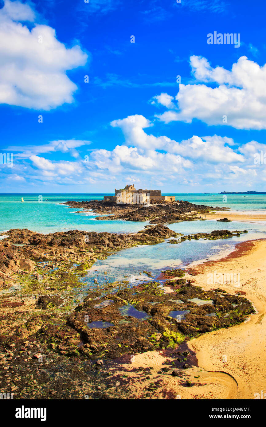 Saint Malo beach, Fort National and rocks during Low Tide. Brittany, France, Europe. Stock Photo