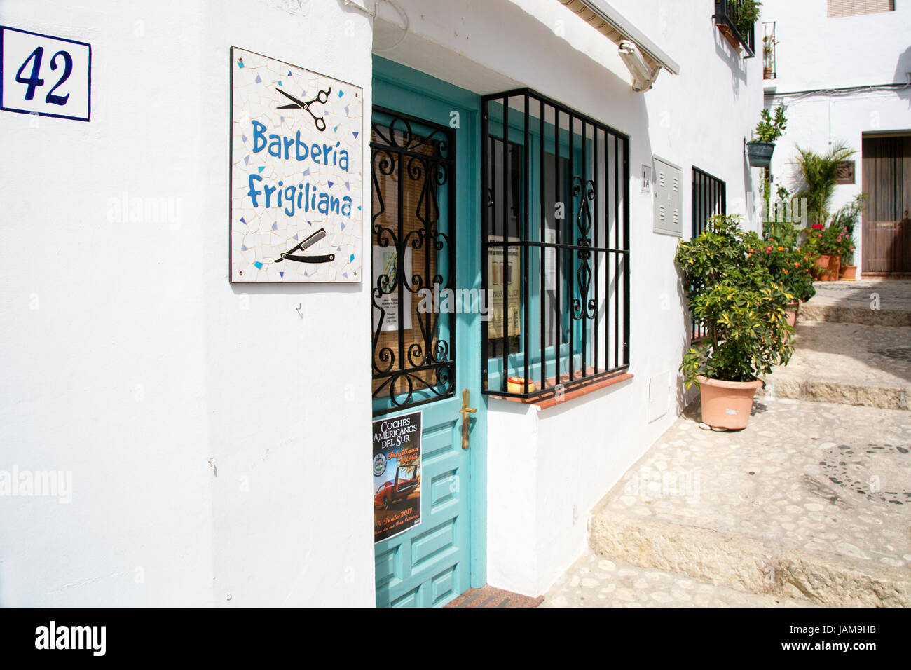 A barber's shop on a street in Frigiliana, Andalusia, Spain, Costa del