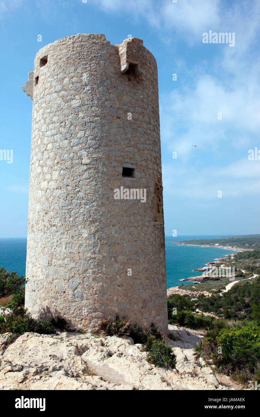 16th century Defensive lookout tower in the Serra d’Irta Natural Park, Peniscola Stock Photo