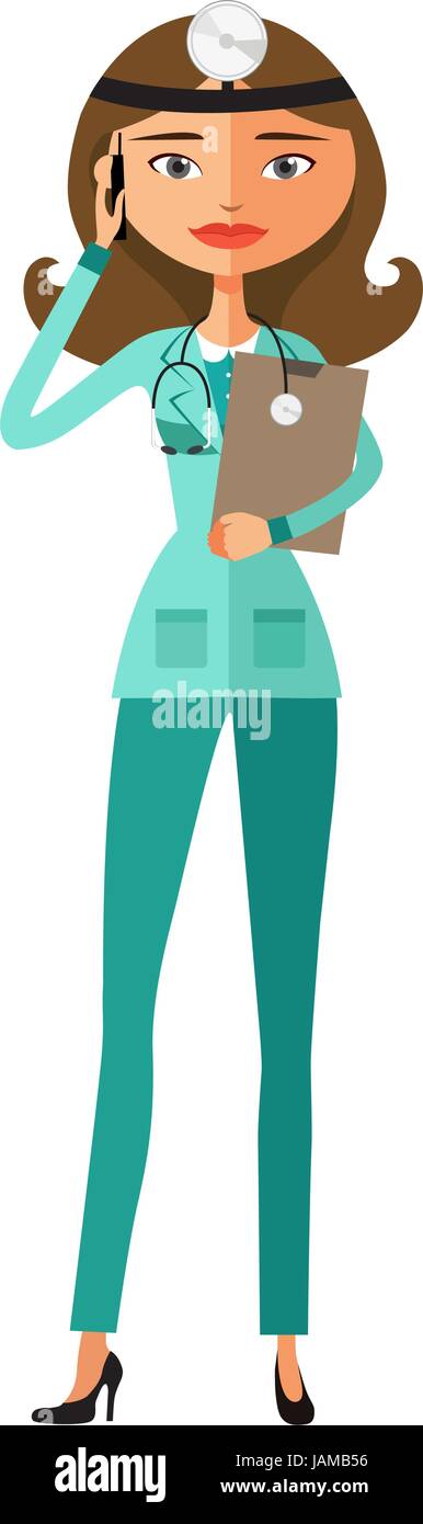 Doctor female nurse talking with smartphone flat cartoon vector illustration Stock Vector