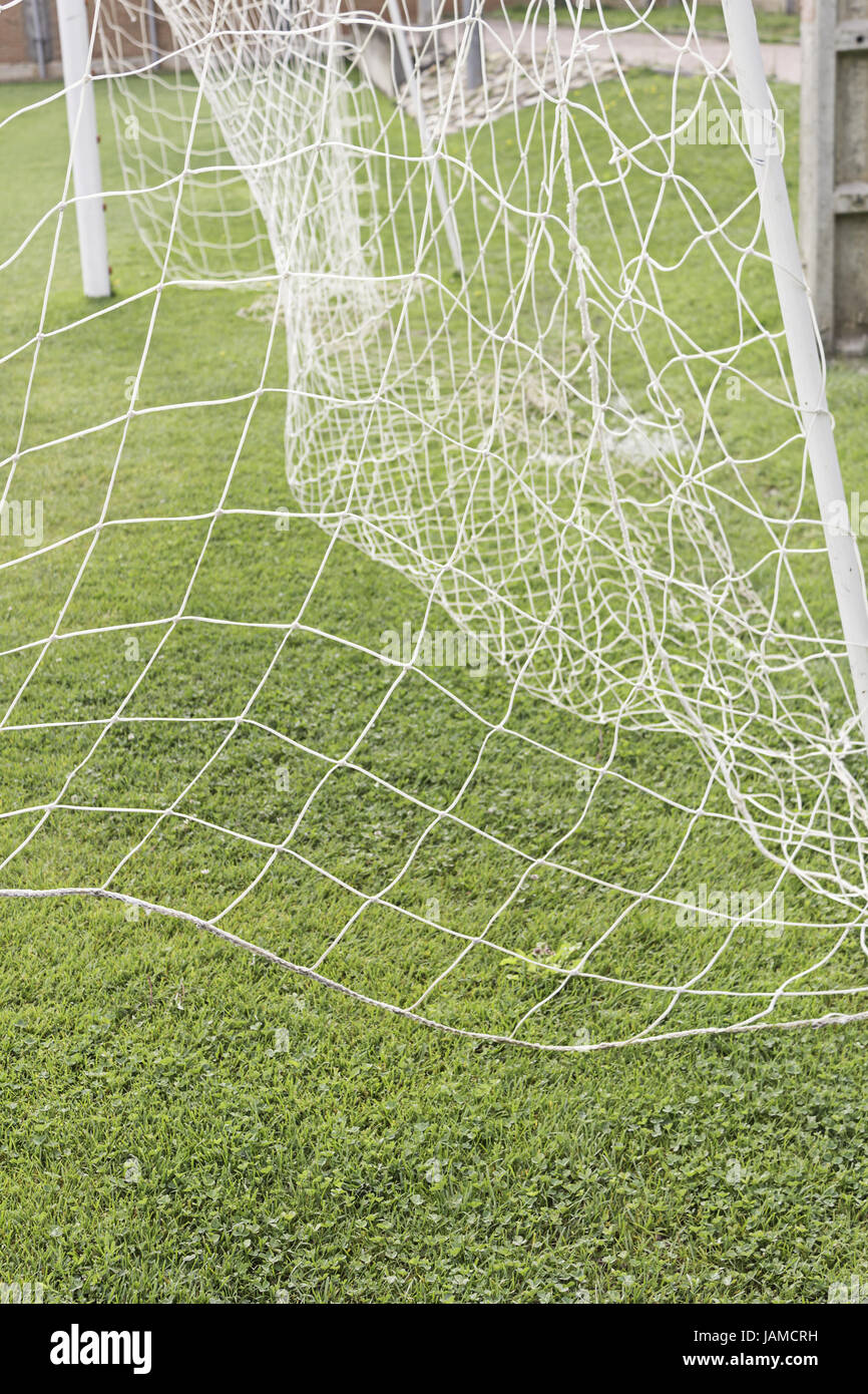 White goal nets football field, sport and fun Stock Photo Alamy