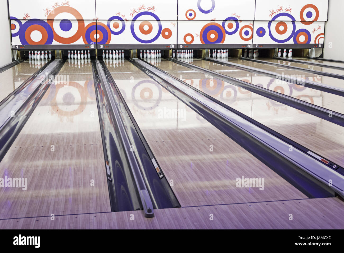 Bowling with bowls on mall, sports and entertainment Stock Photo
