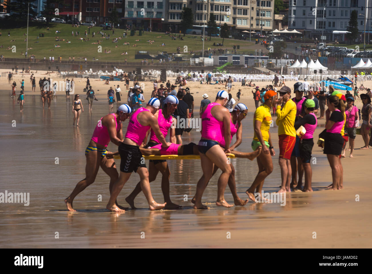 Water safety and Surf Life saving club in action on Bondi Beach, Sydney, Australia Stock Photo