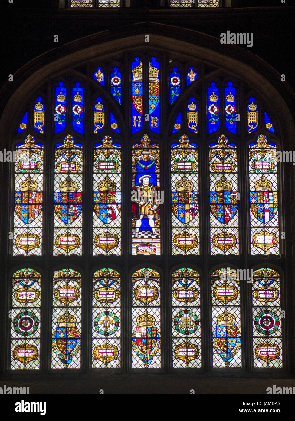Henry VIII in stained glass of the Great Hall at Hampton Court, London