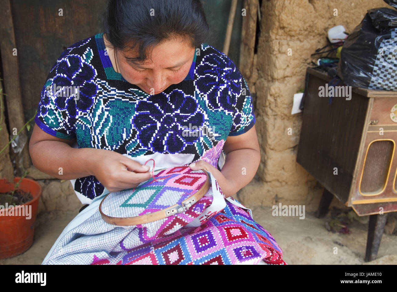 Mexico,Chiapas,Zinacantan,textiles,embroidery goods,woman,Maya,embroidering,Fairly Trade, Stock Photo