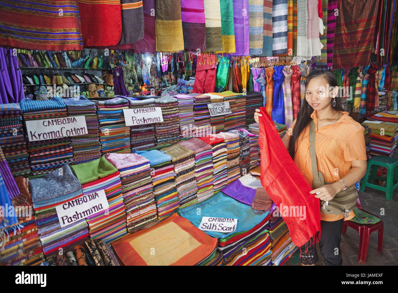 Cambodia,Siem Reap,Old Market,substance business and silk business,shop assistant, Stock Photo
