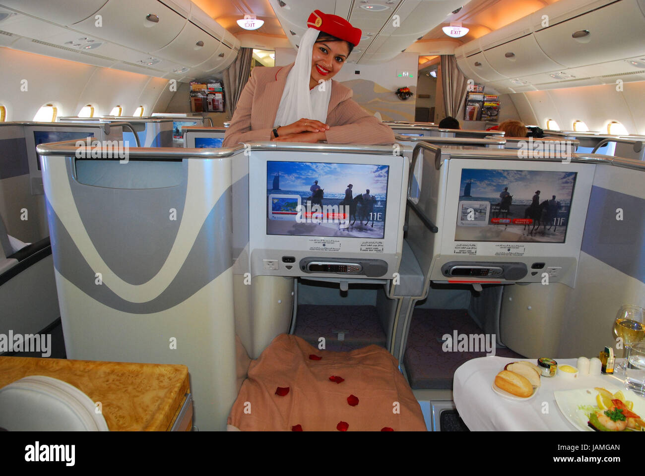 Civil aviation,air liner,airbus A380,cabin,business class,flight attendant, Stock Photo