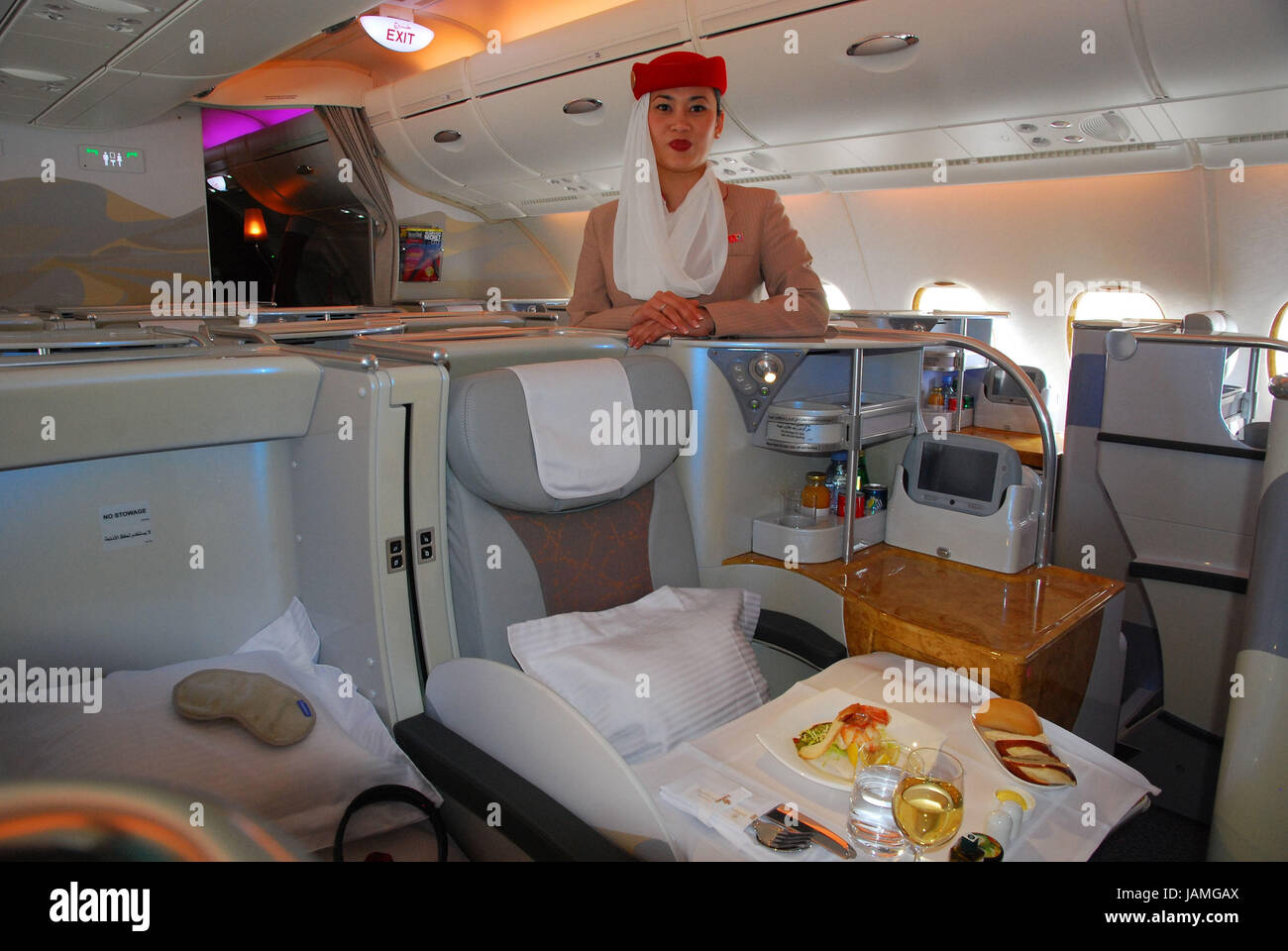 Civil aviation,air liner,airbus A380,cabin,business class,flight attendant, Stock Photo