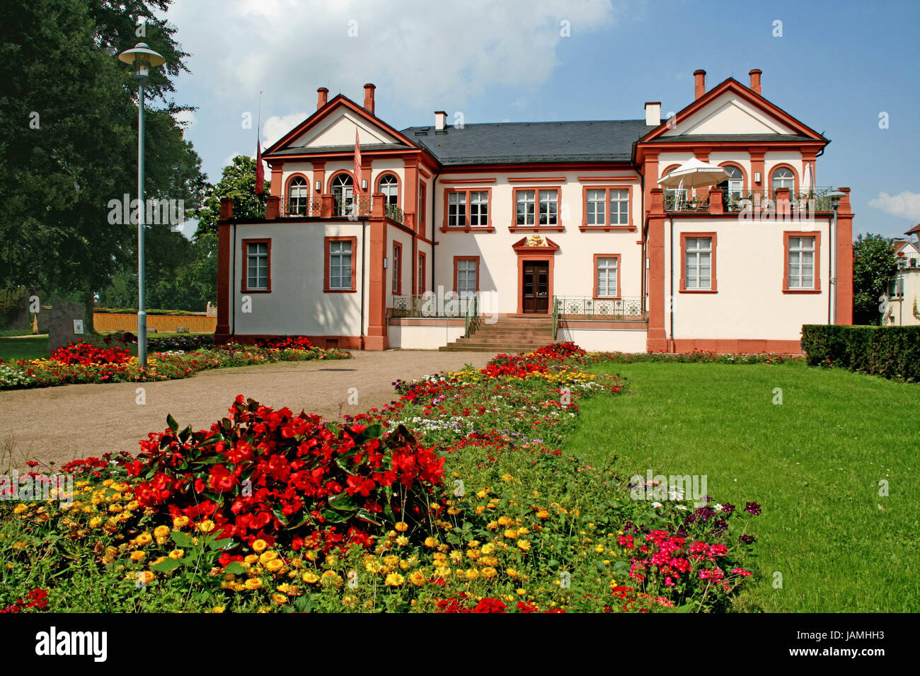 Germany,Hessen,castle Die,lock brook Fechen,flowerbeds,lock,town small castle,town museum,museum,cultural monument,outside,garden,flowers,blossom,red,yellow, Stock Photo