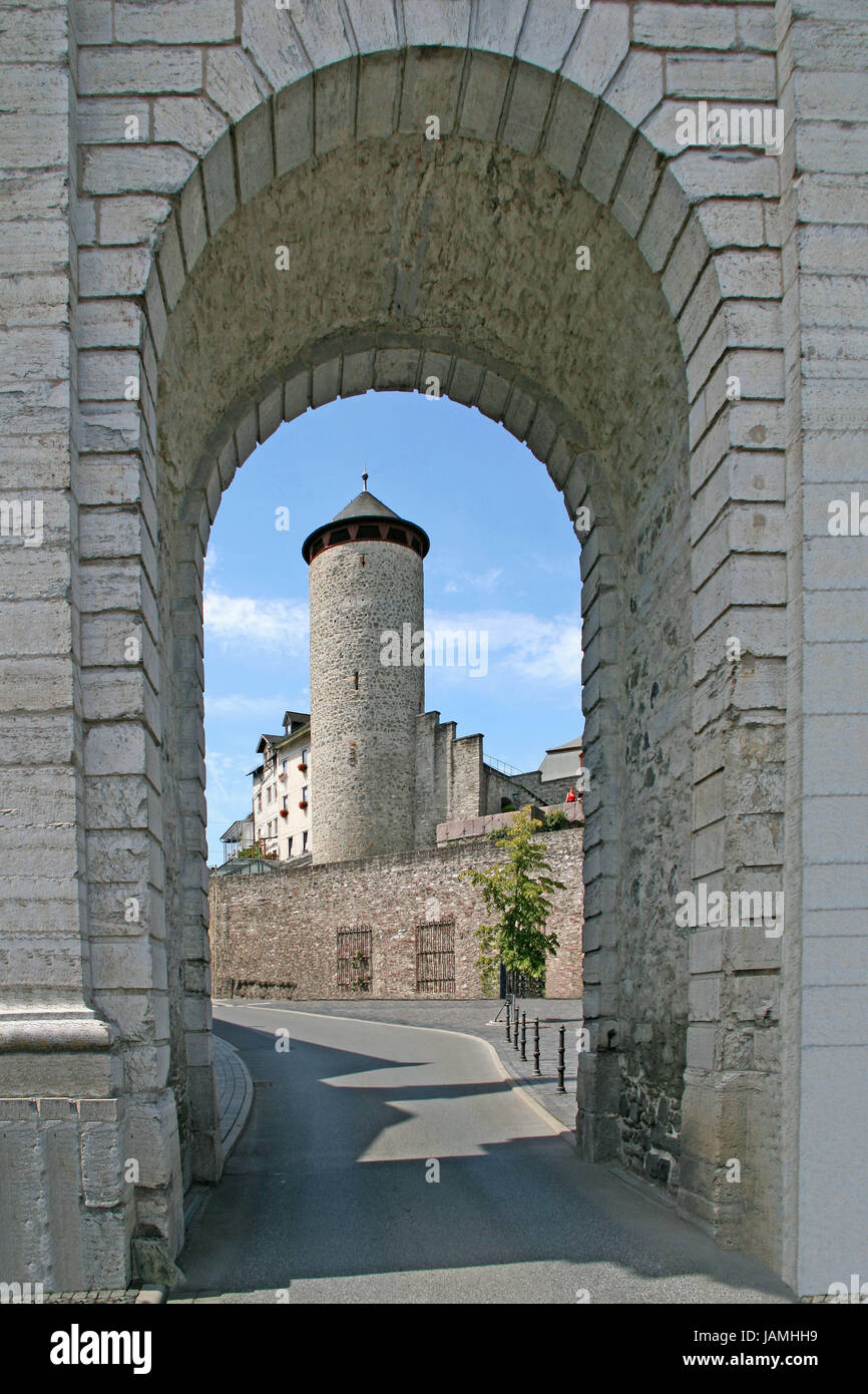Germany,Hessen,castle Weil in the Lahn,land gate,castle Weil,gate,tower,round tower,town tower,way through,passage, Stock Photo