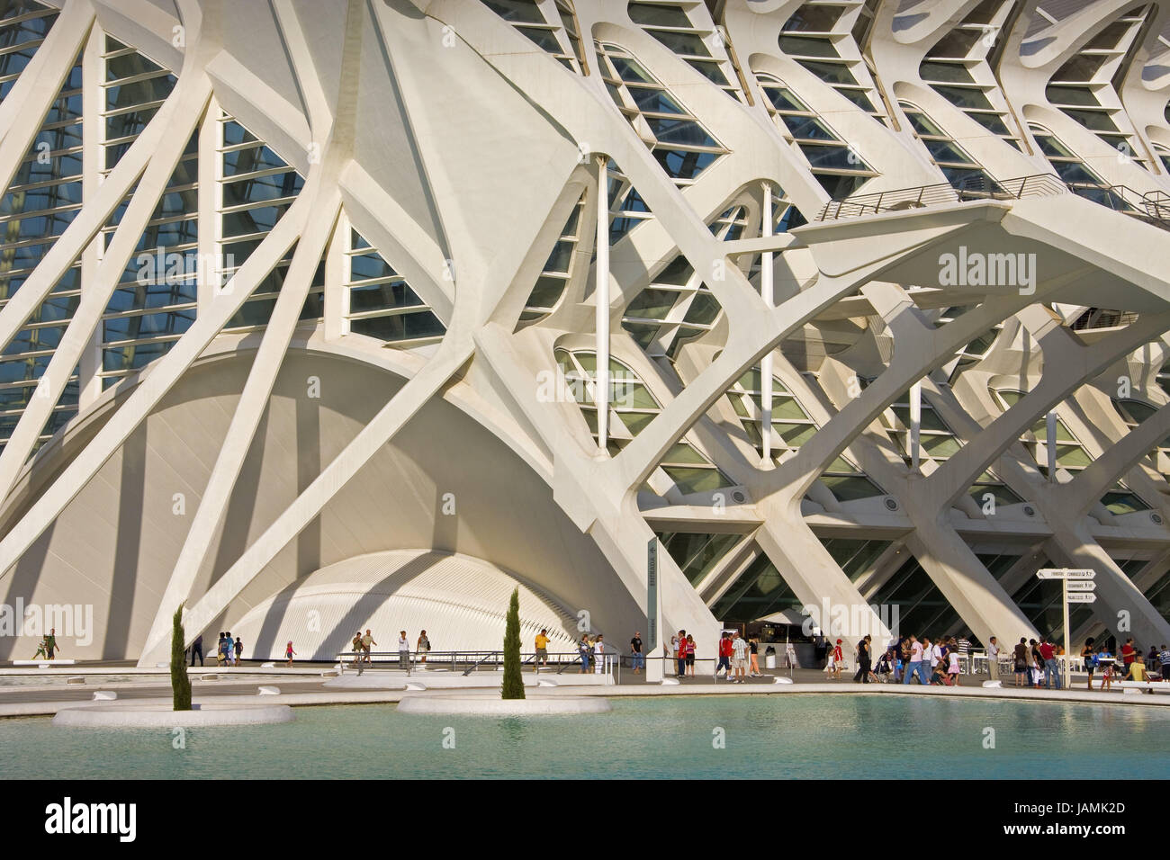 Spain,Valencia,Science centre,'town of the arts and the sciences',Europe,Catalonia,town,building,museum,steel design work,science museum,event centre,exhibit centre,structure,architecture,modern,water,water cymbal,visitor,passer-by,outside, Stock Photo