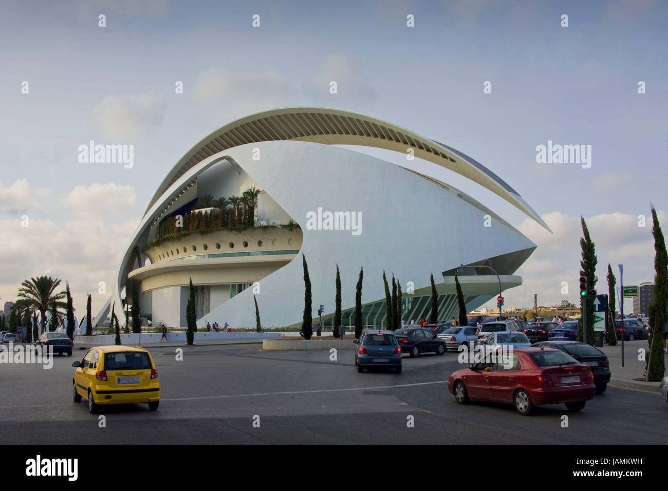 Spain,Valencia,Science centre,'town of the arts and the sciences',Europe,Catalonia,town,building,entertainment,structure,architecture,modern,exhibit centre,opera-house,opera,music palace,street,cars,street scene,outside, Stock Photo