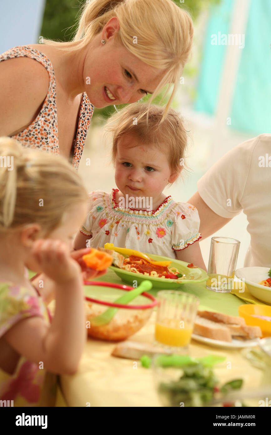 Midday,family,infants,eat,independently, Stock Photo