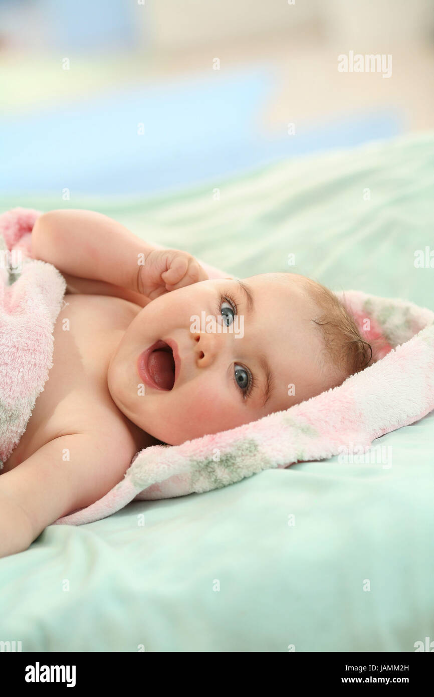 Baby,lie,bath towel,laugh,portrait, Stock Photo