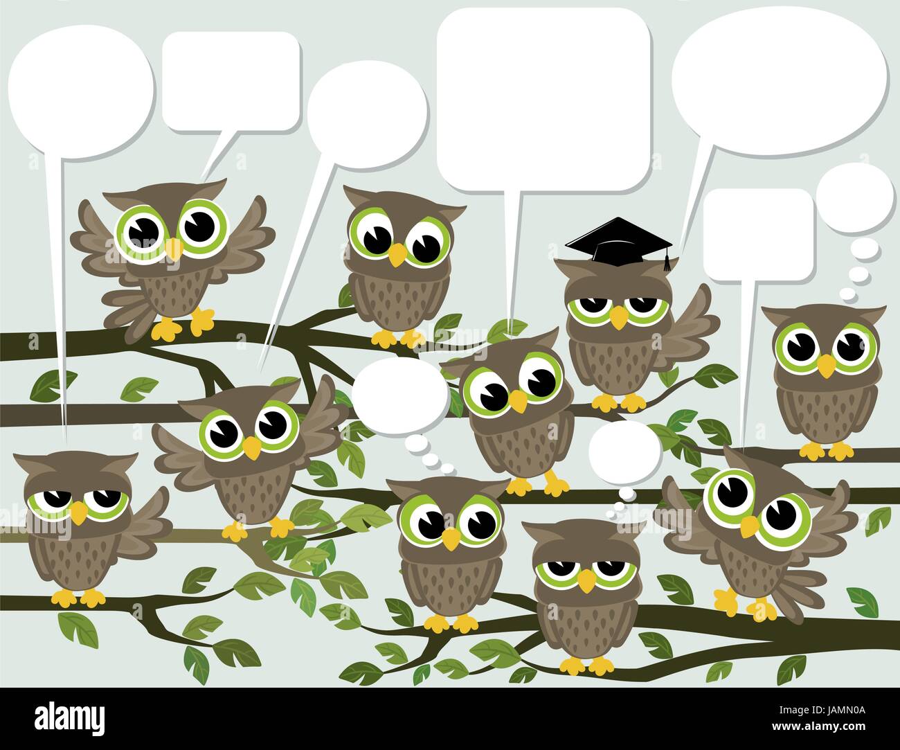 illustration of many cute owls meeting with text balloons Stock Vector