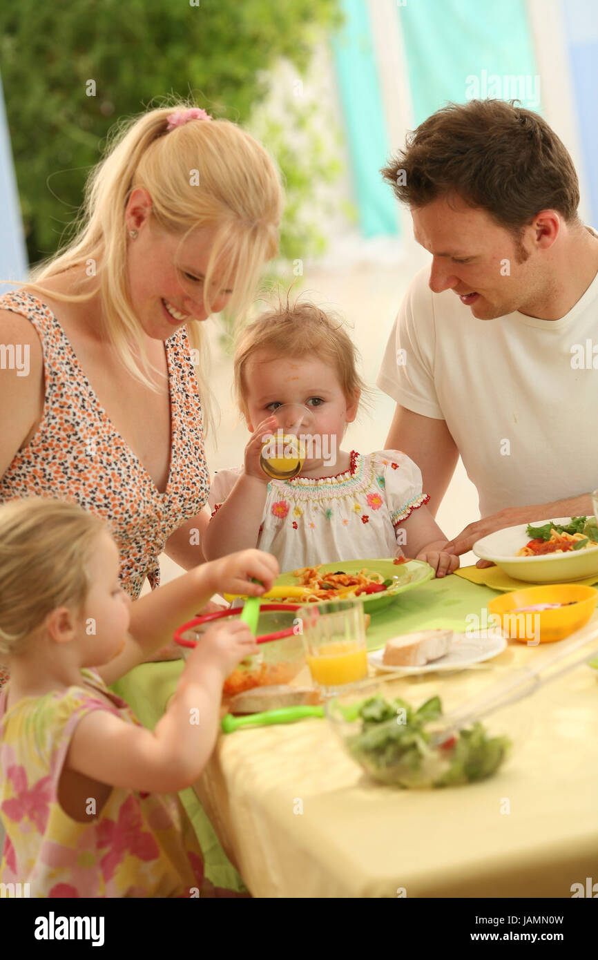 Midday,family,infants,eat,independently, Stock Photo