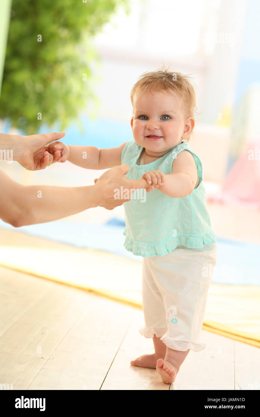 Woman,detail,hands,baby,learn stick,to run, Stock Photo