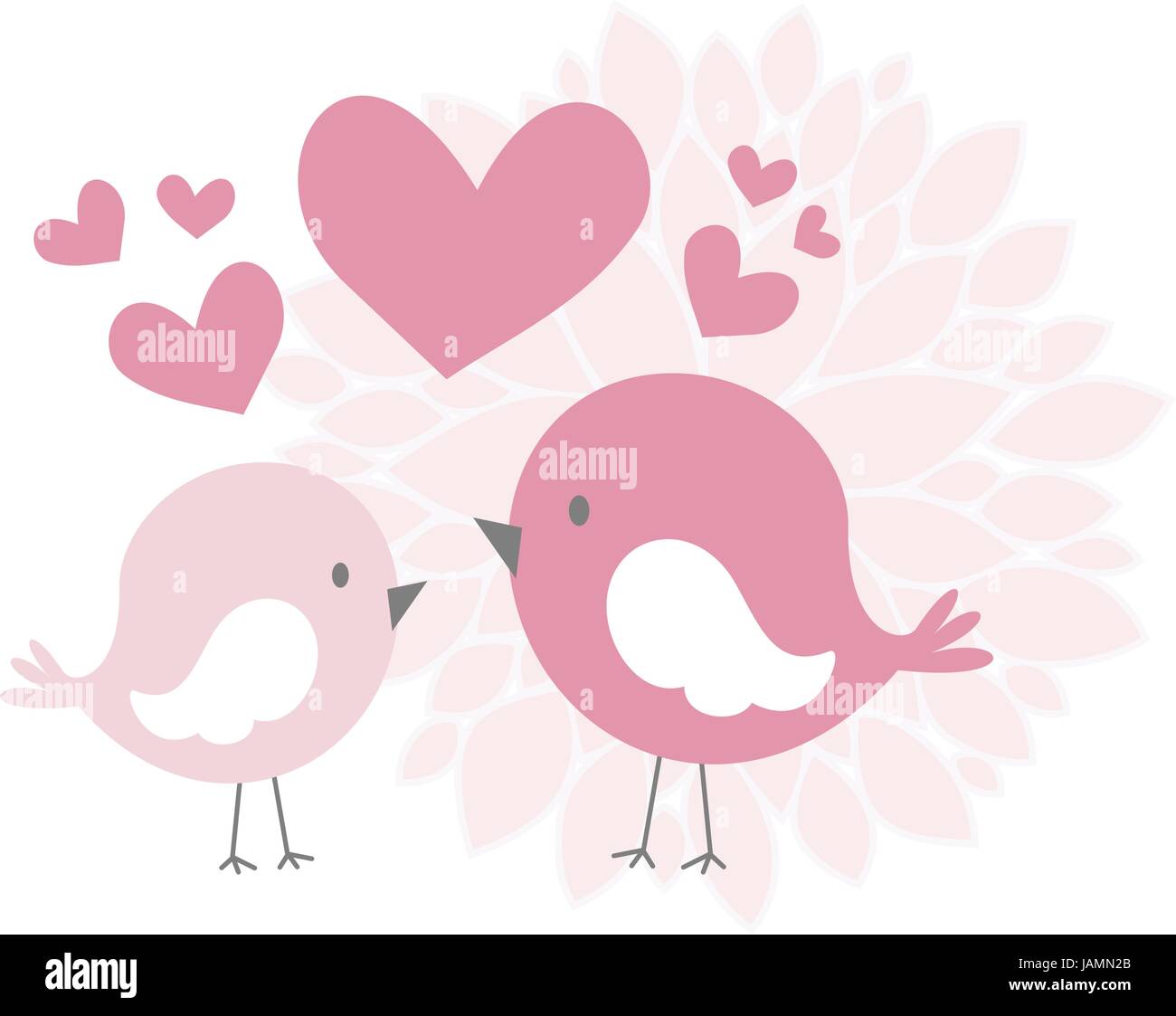 cute love birds with hearts and abstract dahlia flower isolated on ...