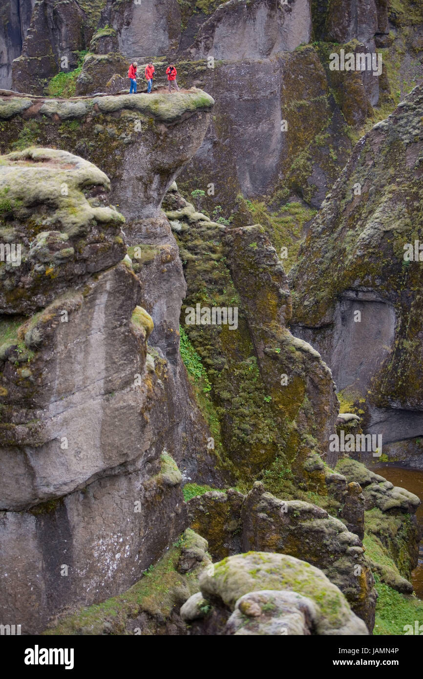 Iceland,Fjadrargljufur,gulch,rock,tourist,no model release,Europe,Iceland,destination,place of interest,nature,moss,bemoost,cliff faces,Steilwände,scenery,mountains,mountains,river,erosion,scanty,people,tourism, Stock Photo