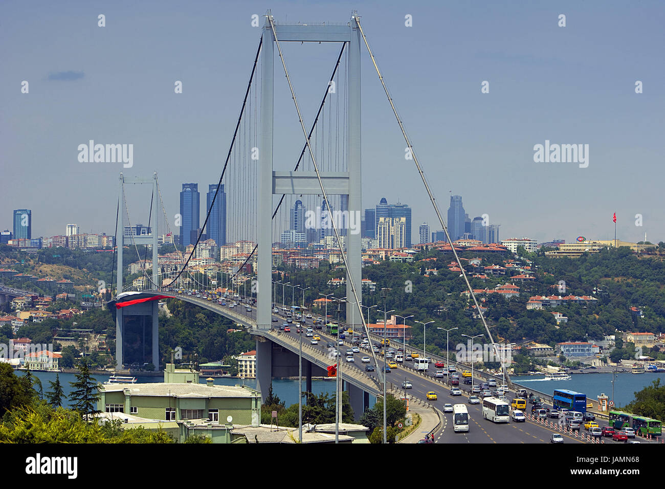 Turkey,Istanbul,town view,the Bosporus,bridge,Bogazici Köprüsü,town,city,metropolis,port,houses,strait,sea,structure,architecture,suspension bridge,Bosporus bridge,traffic, Stock Photo