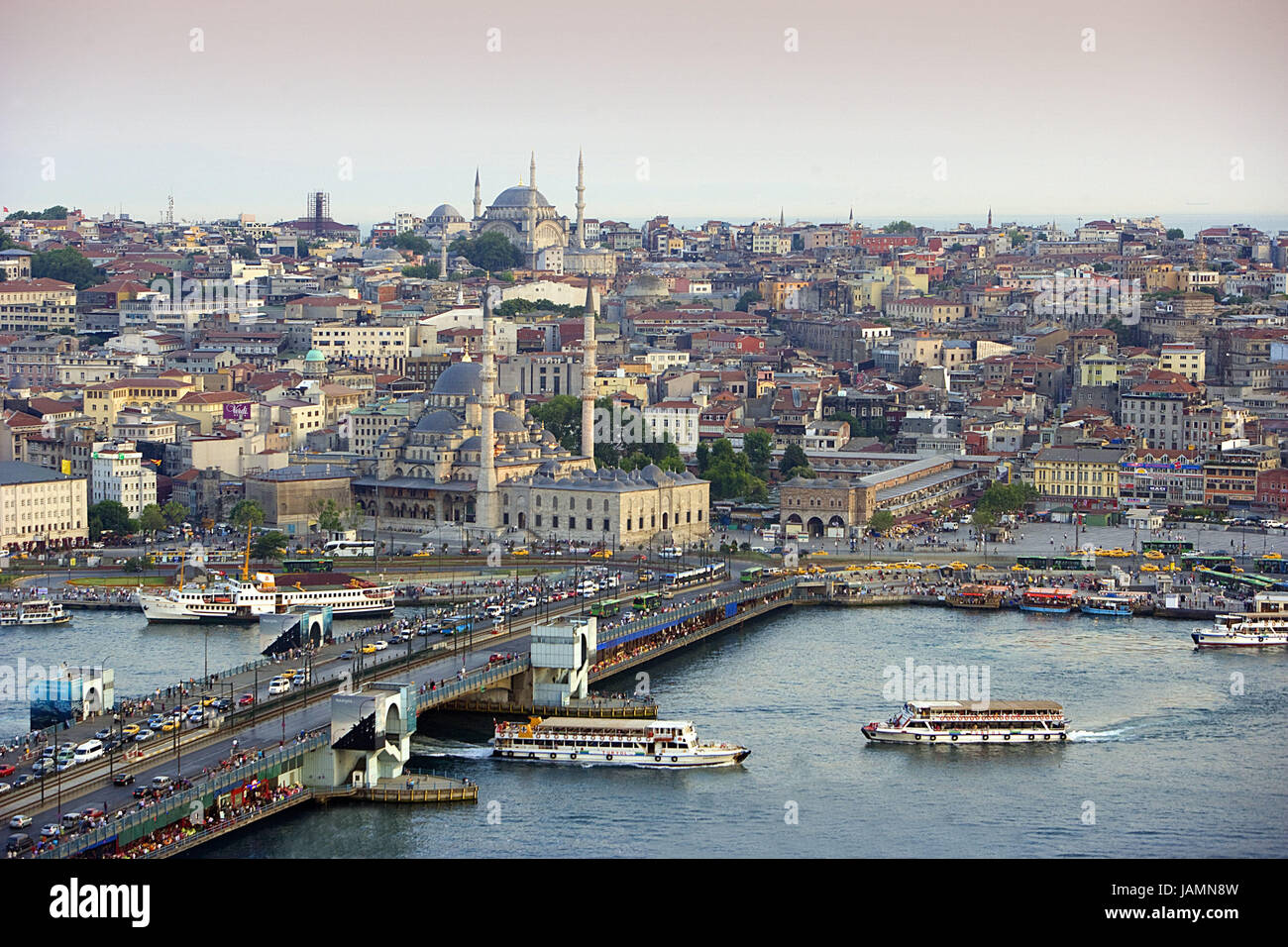 Turkey,Istanbul,town view,'the Golden Horn',Galata bridge,ships,town,city,metropolis,port,culture,place of interest,tourism,architecture,the Bosporus,sea,navigation,holiday ships,towers,minarets,mosque,domes, Stock Photo