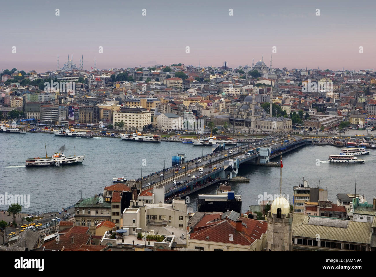 Turkey,Istanbul,town view,'the Golden Horn',ships,Galata bridge,town,city,metropolis,port,culture,place of interest,tourism,architecture,the Bosporus,sea,navigation,holiday ships,dusk, Stock Photo