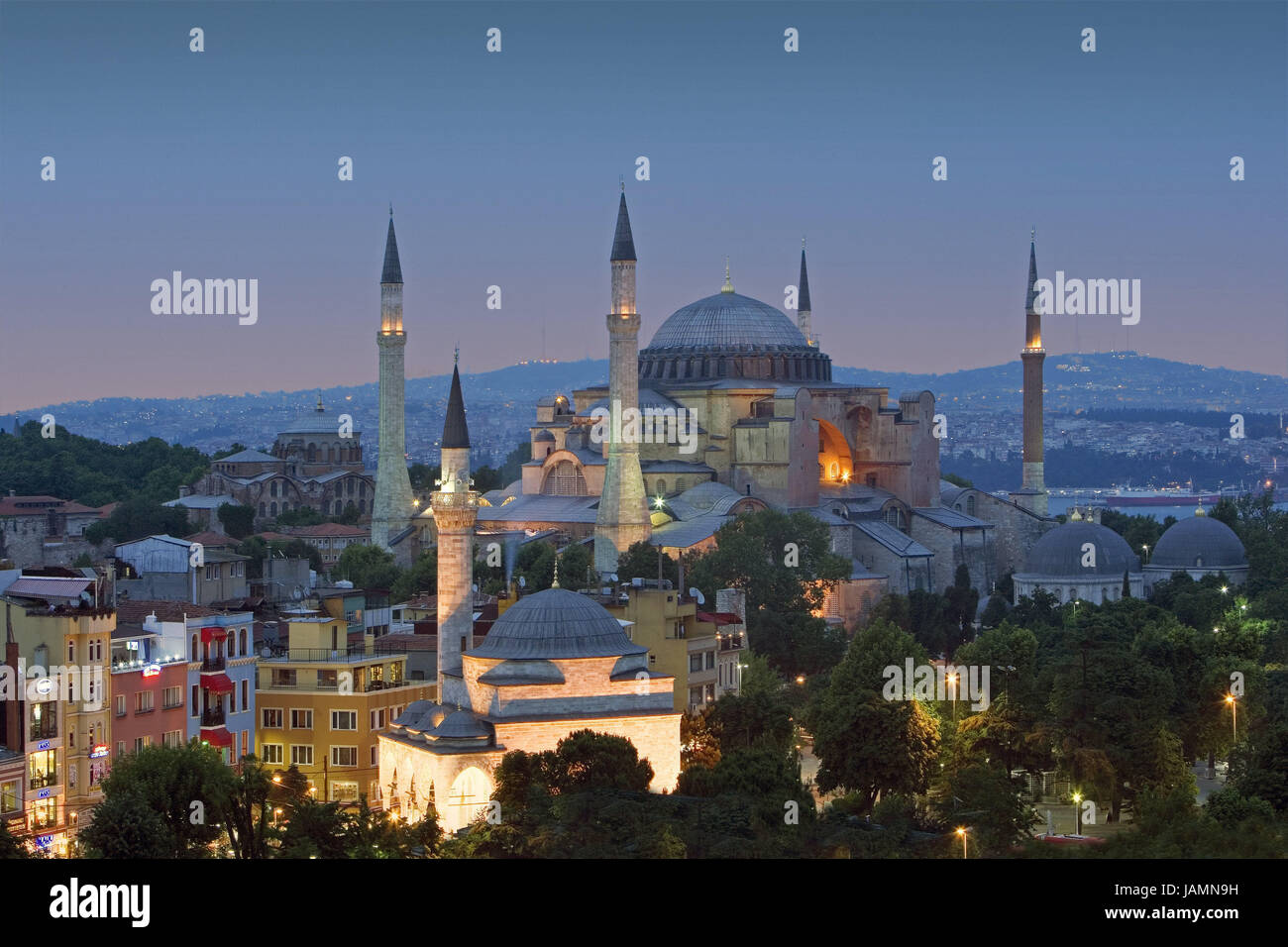 Turkey,Istanbul,town view,Hagia Sophia,Ayasofya museum,lighting,evening,town,city,metropolis,culture,tourism,place of interest,structure,architecture,landmark,historically,UNESCO-world cultural heritage,domes,minarets,evening tuning, Stock Photo