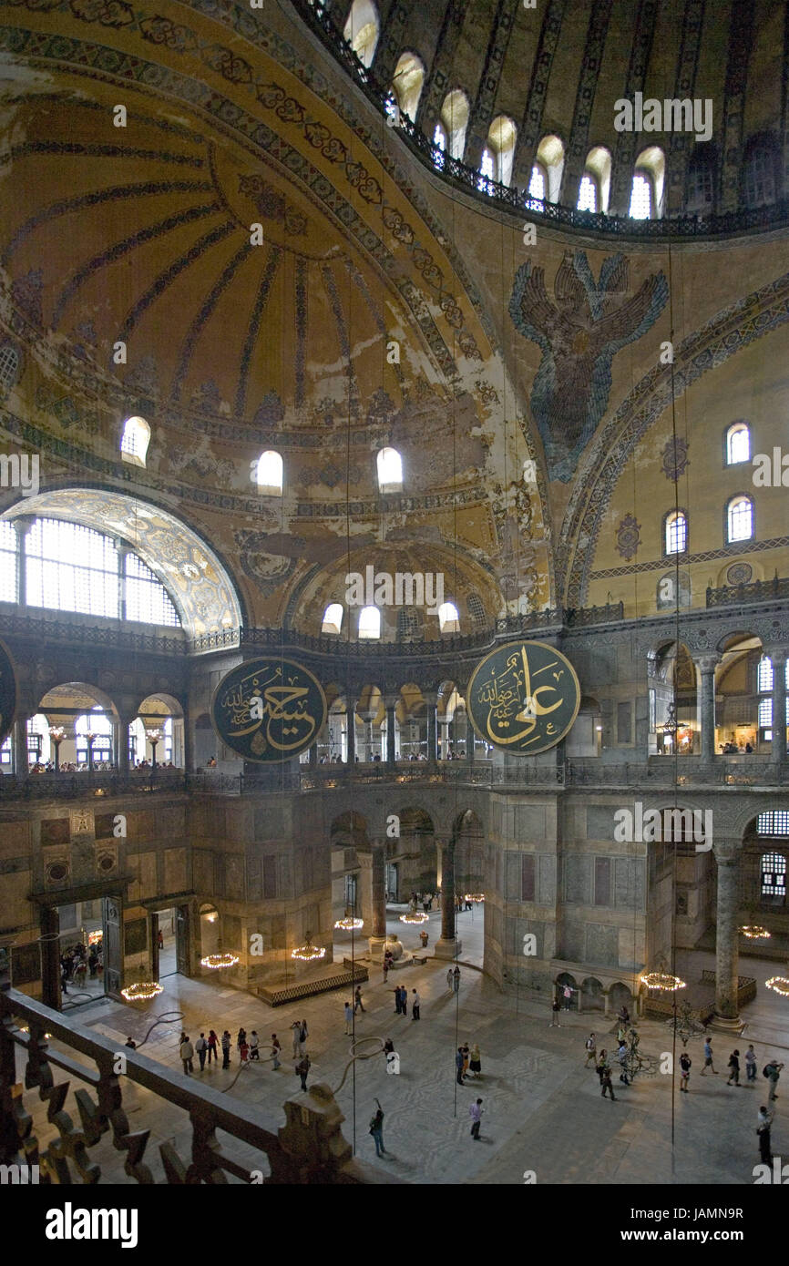 Turkey,Istanbul,Hagia Sophia,Ayasofya museum,interior shot,detail,visitor,town,city,metropolis,culture,tourism,place of interest,structure,architecture,landmark,dome,historically,inside,people,tourists,UNESCO-world cultural heritage, Stock Photo