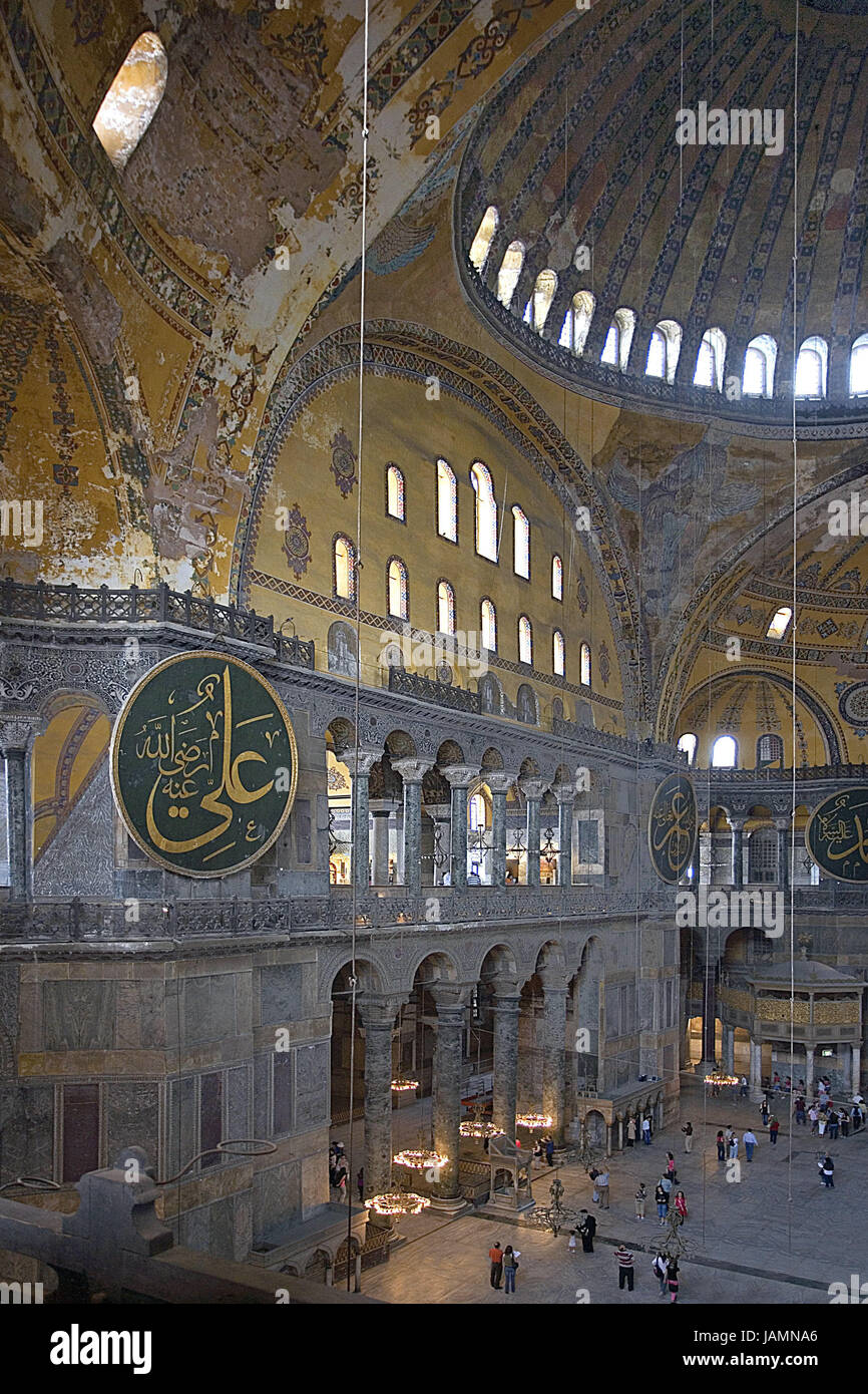 Turkey,Istanbul,Hagia Sophia,Ayasofya museum,interior shot,detail,visitor,town,city,metropolis,culture,tourism,place of interest,structure,architecture,landmark,dome,historically,inside,people,tourists,UNESCO-world cultural heritage, Stock Photo