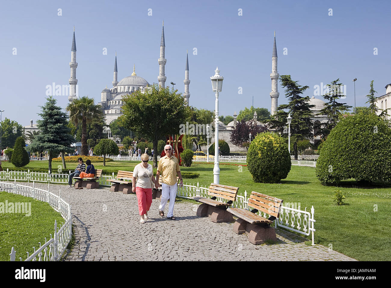 Turkey,Istanbul,sultan Ahmet Camii,'blue mosque',park,tourist,no model release,town,city,metropolis,port,culture,faith,religion,Islam,structure,historically,architecture,church,sacred construction,Sultan-Ahmet-Camii,sultan's Ahmed's mosque,mosque,domed building,towers,landmarks,place of interest,minarets,domes,park,footpath,park-benches,people, Stock Photo
