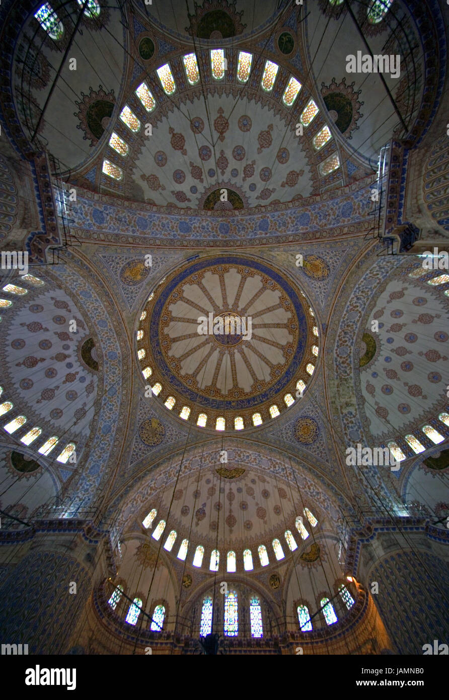 Turkey,Istanbul,sultan Ahmet Camii,'blue mosque',dome,interior shot,perspective,town,city,metropolis,port,culture,faith,religion,Islam,structure,historically,architecture,church,sacred construction,Sultan-Ahmet-Camii,sultan's Ahmed's mosque,mosque,domed building,landmark,place of interest,inside,architecture,visitor,curves,grace note,ornaments,tiles,deserted, Stock Photo