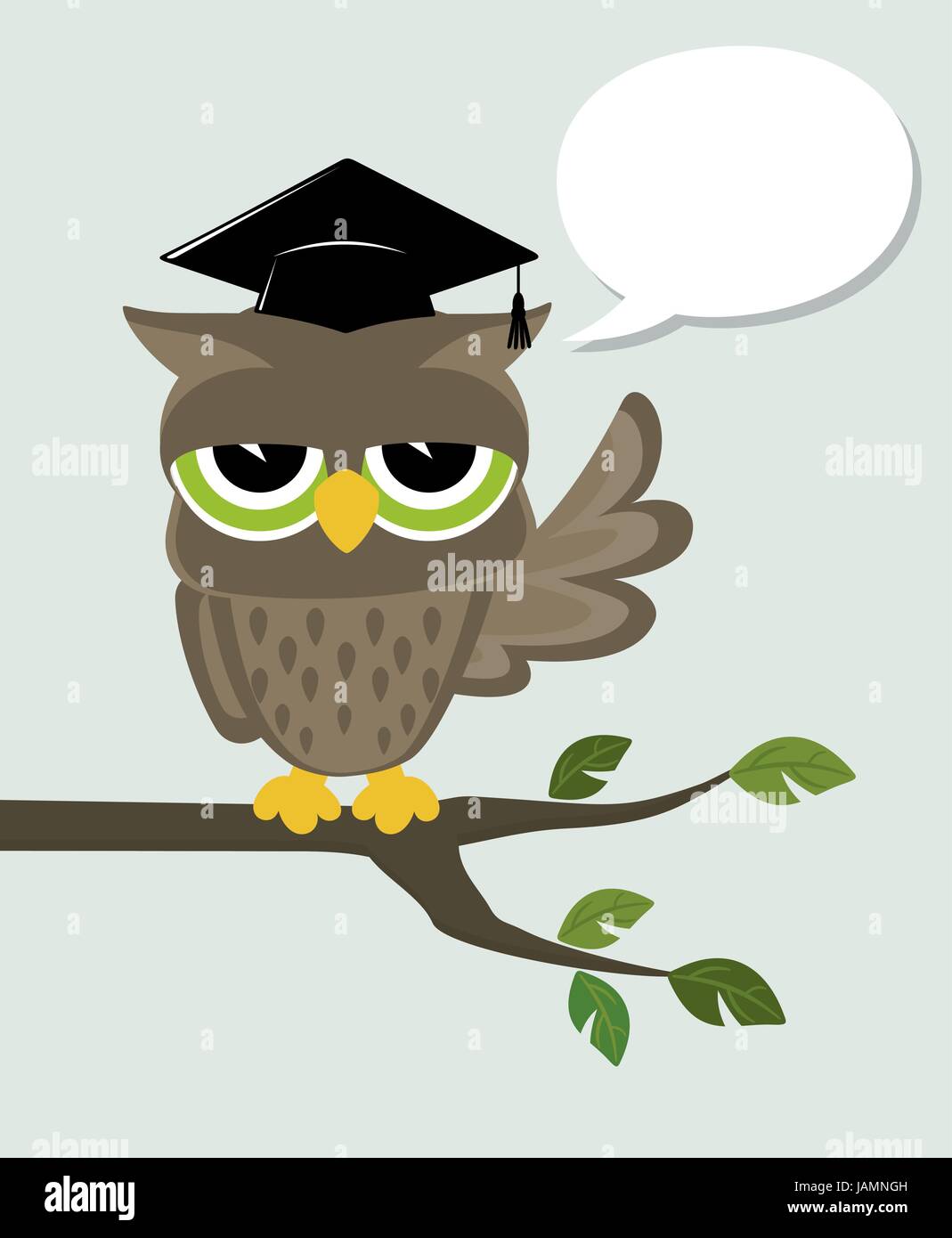 wise owl with mortarboard sitting on a branch and text balloon Stock Vector