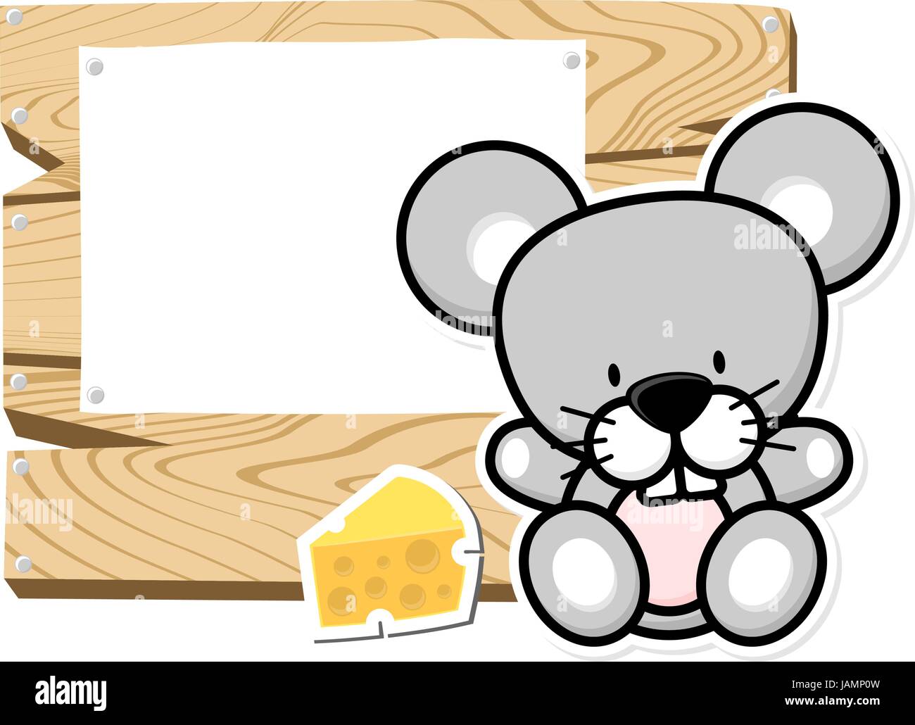 illustration of cute baby mouse on wooden board with blank sign ...