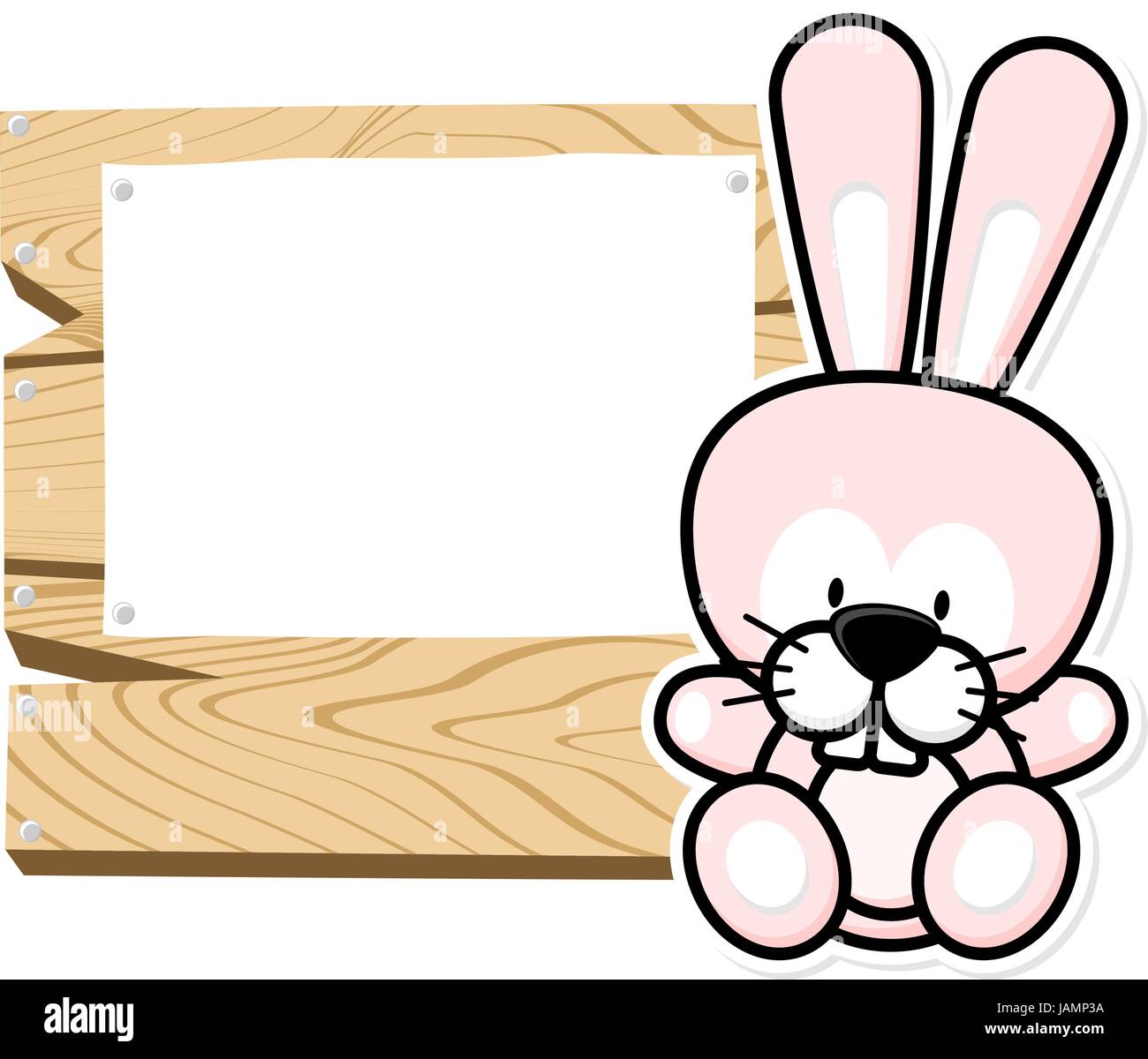 illustration of cute baby bunny on wooden board with blank sign ...