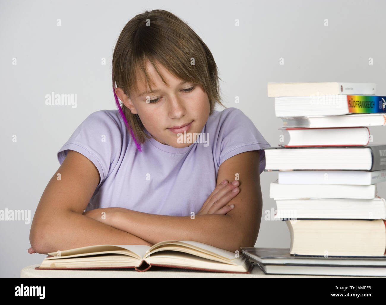 Girls,brown-haired,book batch,read,books smile,batch,deepens,learn,studio,knowledge,education,intelligence,stacked,about one another,youth,schoolgirl,grinds,school books,diligence,ambition, Stock Photo