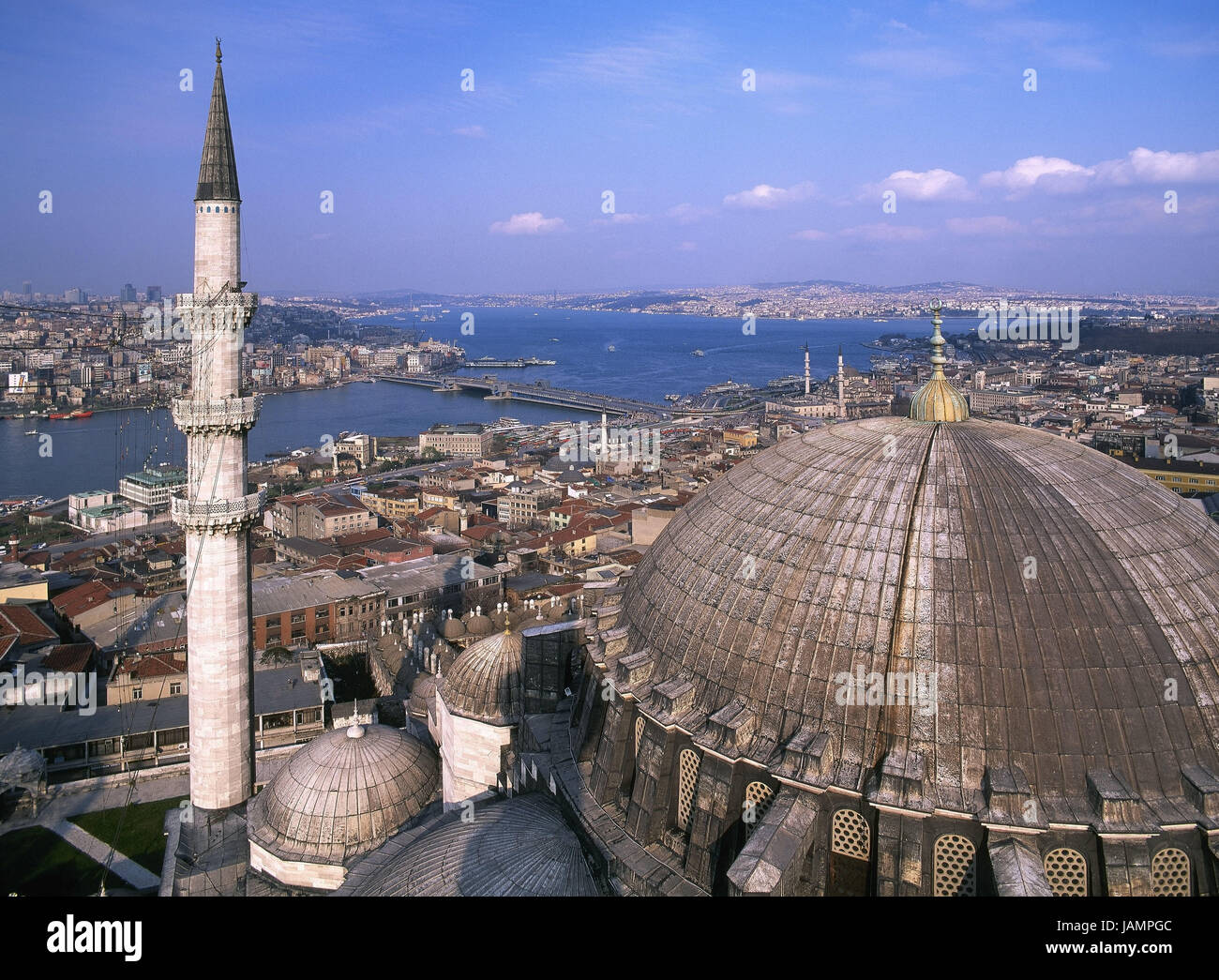 Turkey,Istanbul,town view,'the Golden Horn',Suleymaniye mosque,detail,town,city,metropolis,port,culture,place of interest,tourism,architecture,the Bosporus,sea,navigation,tower,minaret,mosque,domes,Gleube,religion,Islam,church,sacred construction, Stock Photo