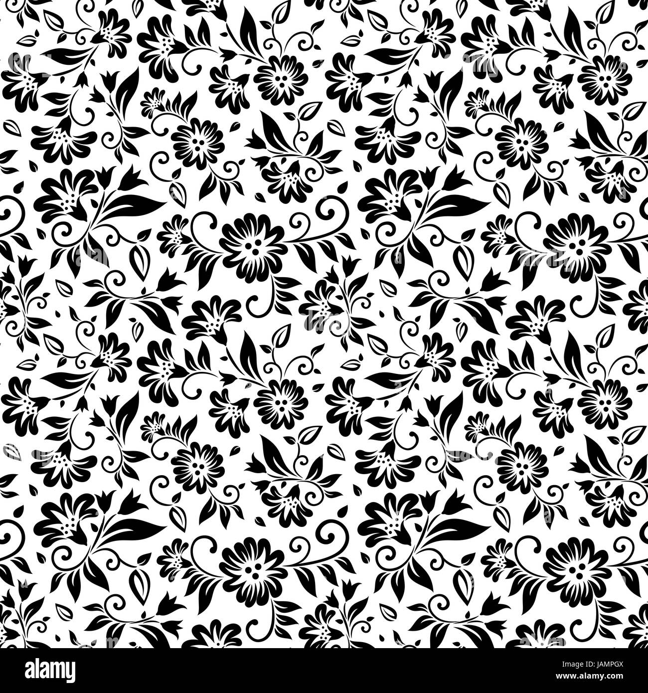 floral seamless pattern in black and white with leaves and flower ...