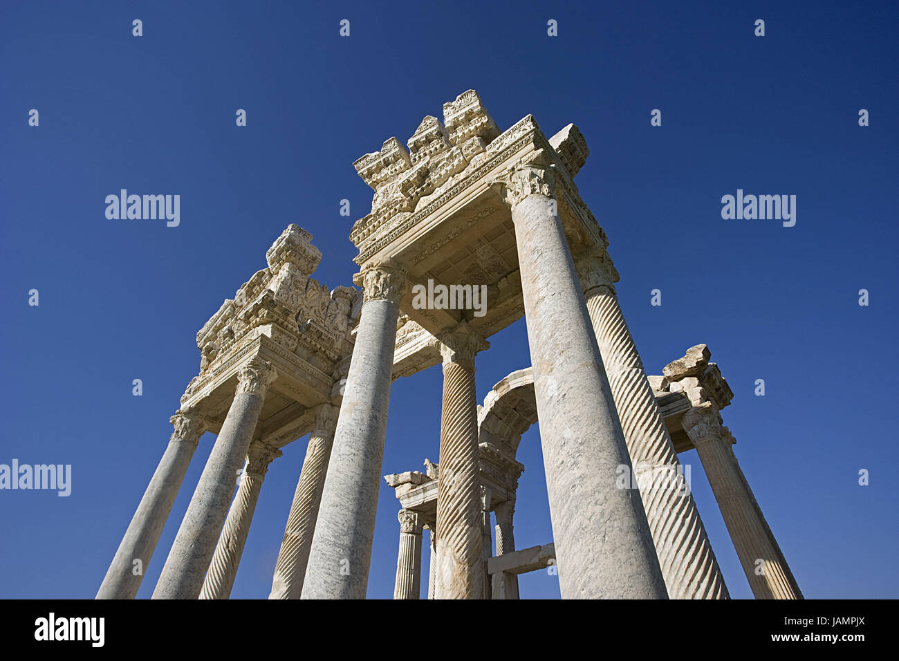 Turkey,Aphrodisias,Tetrapylon,detail,perspective,Anatolia,place of interest,north south street,gate,goal building,propylon,building,architecture,structure,antique,historically,destroys,ruin,remains,culture,story,antiquity,gable,relief,architecture,deserted,pillars,heavens,blue,cloudless, Stock Photo