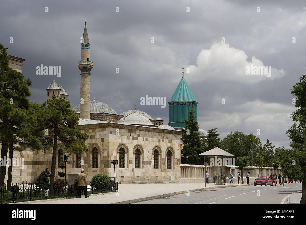 Turkey,Anatolia,Konya,Mevlana museum,detail,cloudies,Zentralanatolien,cloister attachment,building,structure,mosque,place of interest,destination,tourism,faith,religion,Islam,outside,architecture,tower,minaret,domes,tiles,tiled,turquoise,people,car,street,passer-by, Stock Photo