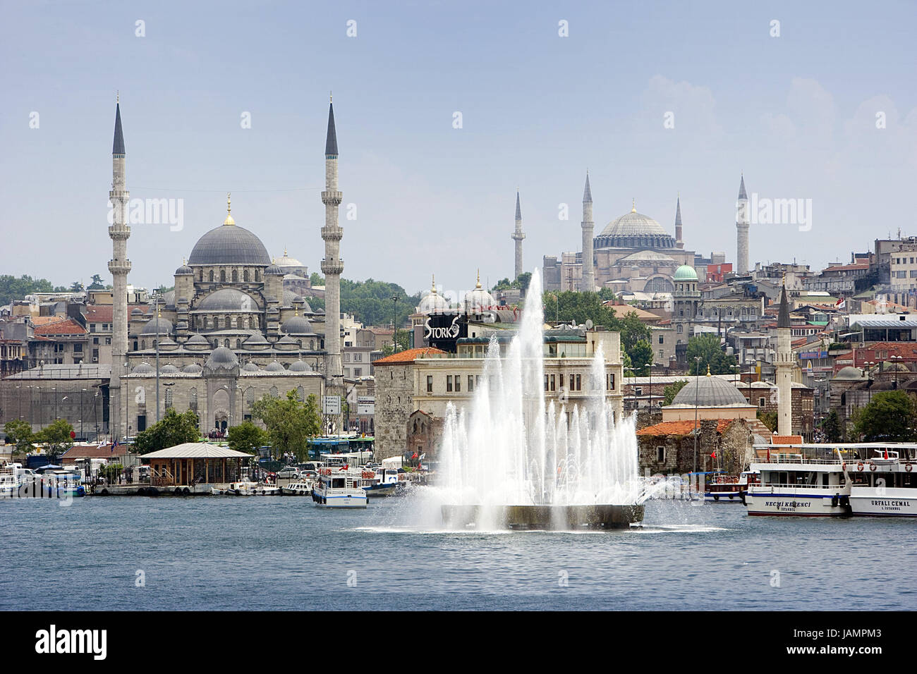 Turkey,Istanbul,town view,mosque,Hagia Sophia,harbour,play of water,town,city,metropolis,port,culture,tourism,place of interest,structures,architecture,landmark,museum,dome,minarets,historically,church,sacred construction,faith,religion,Islam,jet,boots, Stock Photo