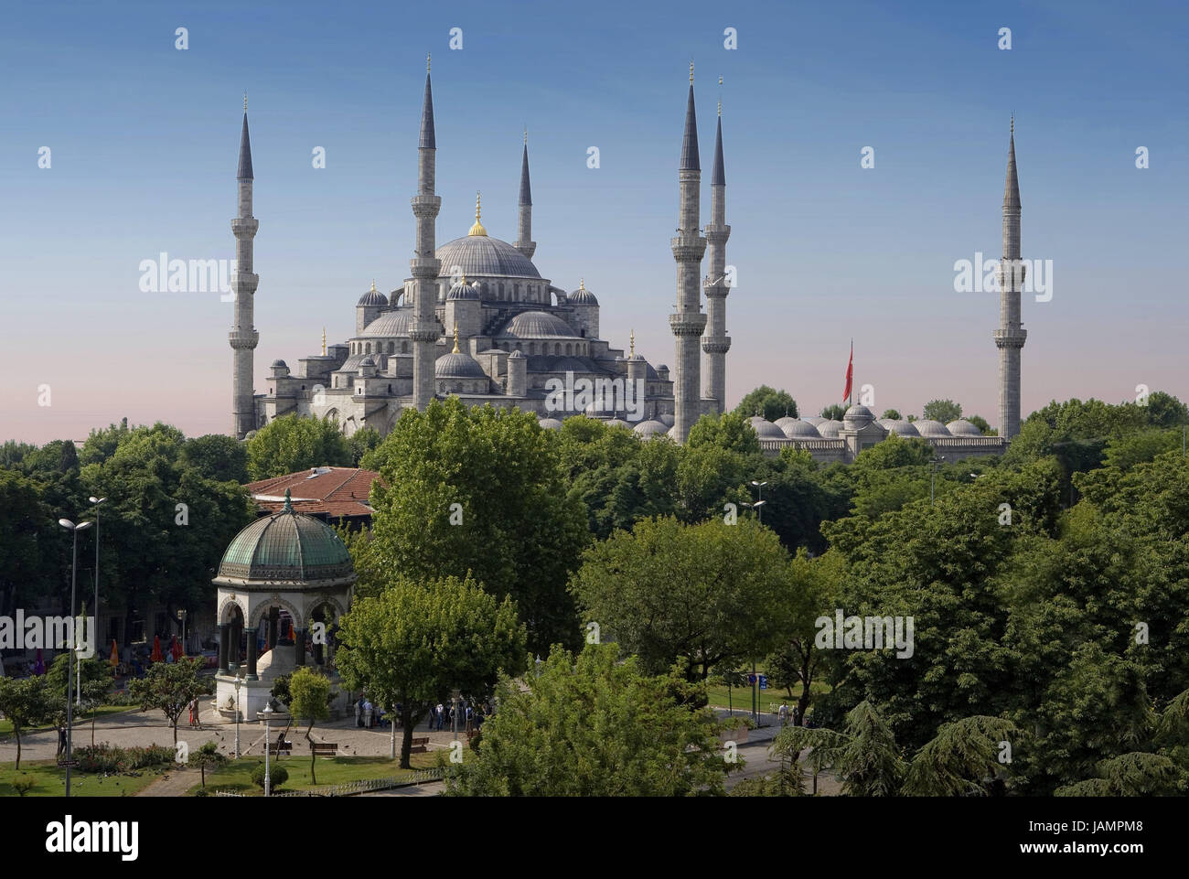 Turkey,Istanbul,sultan Ahmet Camii,'blue mosque',park,trees,town,city,metropolis,port,culture,faith,religion,Islam,structure,historically,architecture,church,sacred construction,Sultan-Ahmet-Camii,sultan's Ahmed's mosque,mosque,domed building,towers,landmarks,places of interest,minarets,domes,outside,cloudless,heaven, Stock Photo