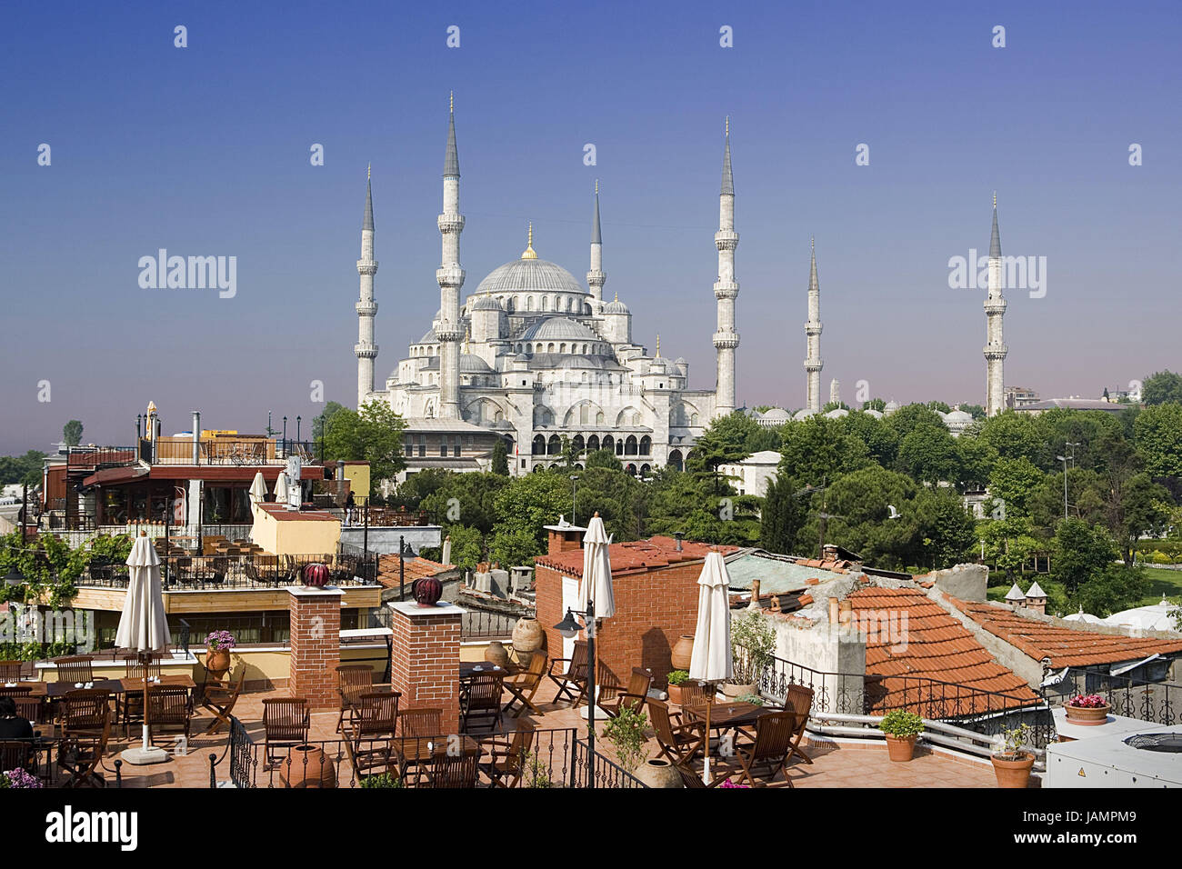 Turkey,Istanbul,roof terrace,view,sultan Ahmet Camii,'blue mosque',town,city,metropolis,port,culture,faith,religion,Islam,structure,historically,architecture,church,sacred construction,Sultan-Ahmet-Camii,sultan's Ahmed's mosque,mosque,domed building,towers,landmarks,place of interest,minarets,domes, Stock Photo