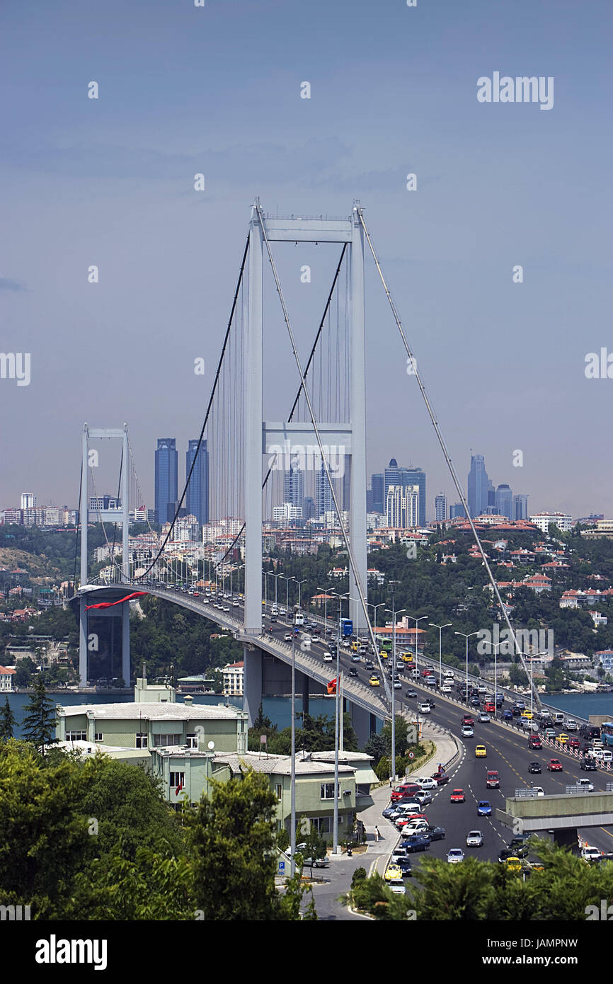 Turkey,Istanbul,town view,the Bosporus,bridge,Bogazici Köprüsü,town,city,metropolis,port,houses,strait,sea,structure,architecture,suspension bridge,Bosporus bridge,traffic, Stock Photo