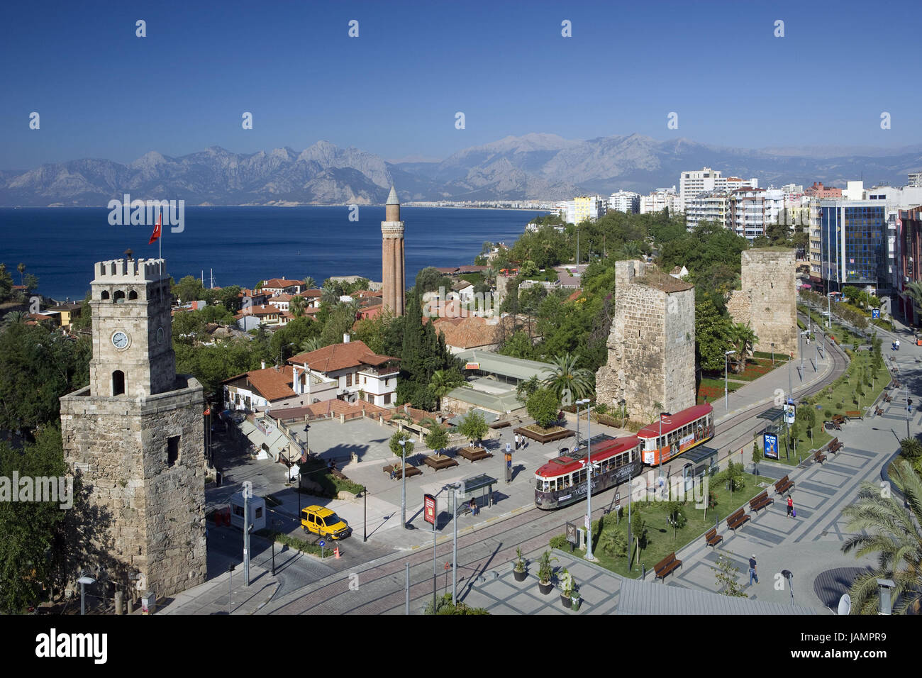 Turkey,Antalya,Old Town,sowing Kule,Kale Kapisi,Anatolia,town,centre,city centre,structure,towers,clock tower,architecture,places of interest,culture,sea,view,mountains,fort,building,streetcar,tram, Stock Photo
