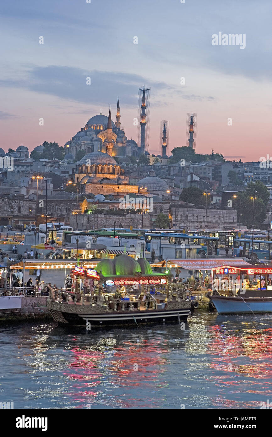 Turkey,Istanbul,town view,'the Golden Horn',ships,lighting,evening,town,city,metropolis,port,culture,place of interest,tourism,architecture,the Bosporus,sea,navigation,holiday ships,towers,minarets,mosque,domes,lights,blur, Stock Photo