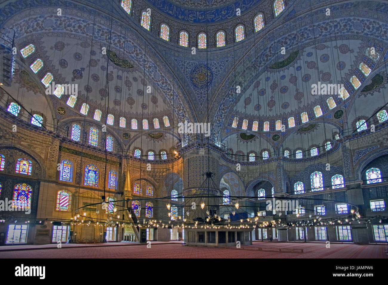 Turkey,Istanbul,sultan Ahmet Camii,'blue mosque',dome,interior shot,town,city,metropolis,port,culture,faith,religion,Islam,structure,historically,architecture,church,sacred construction,Sultan-Ahmet-Camii,sultan's Ahmed's mosque,mosque,domed building,landmark,place of interest,inside,deserted,curves,grace note,ornaments,tiles,lights,lamps, Stock Photo