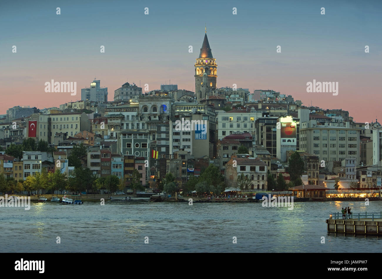 Turkey,Istanbul,town view,'the Golden Horn',lighting,evening,town,city,metropolis,port,culture,place of interest,tourism,architecture,the Bosporus,sea,towers,lights, Stock Photo